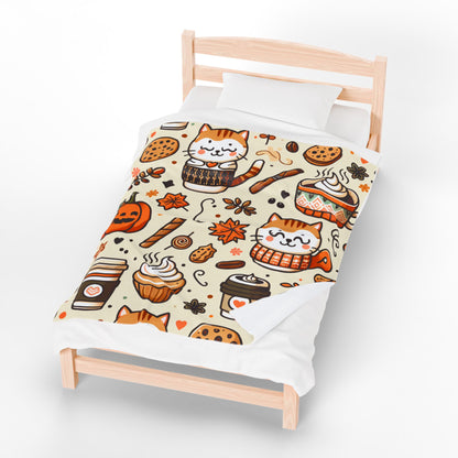 Plush Blanket Cat Coffee Cupcake Pattern Autumn Theme