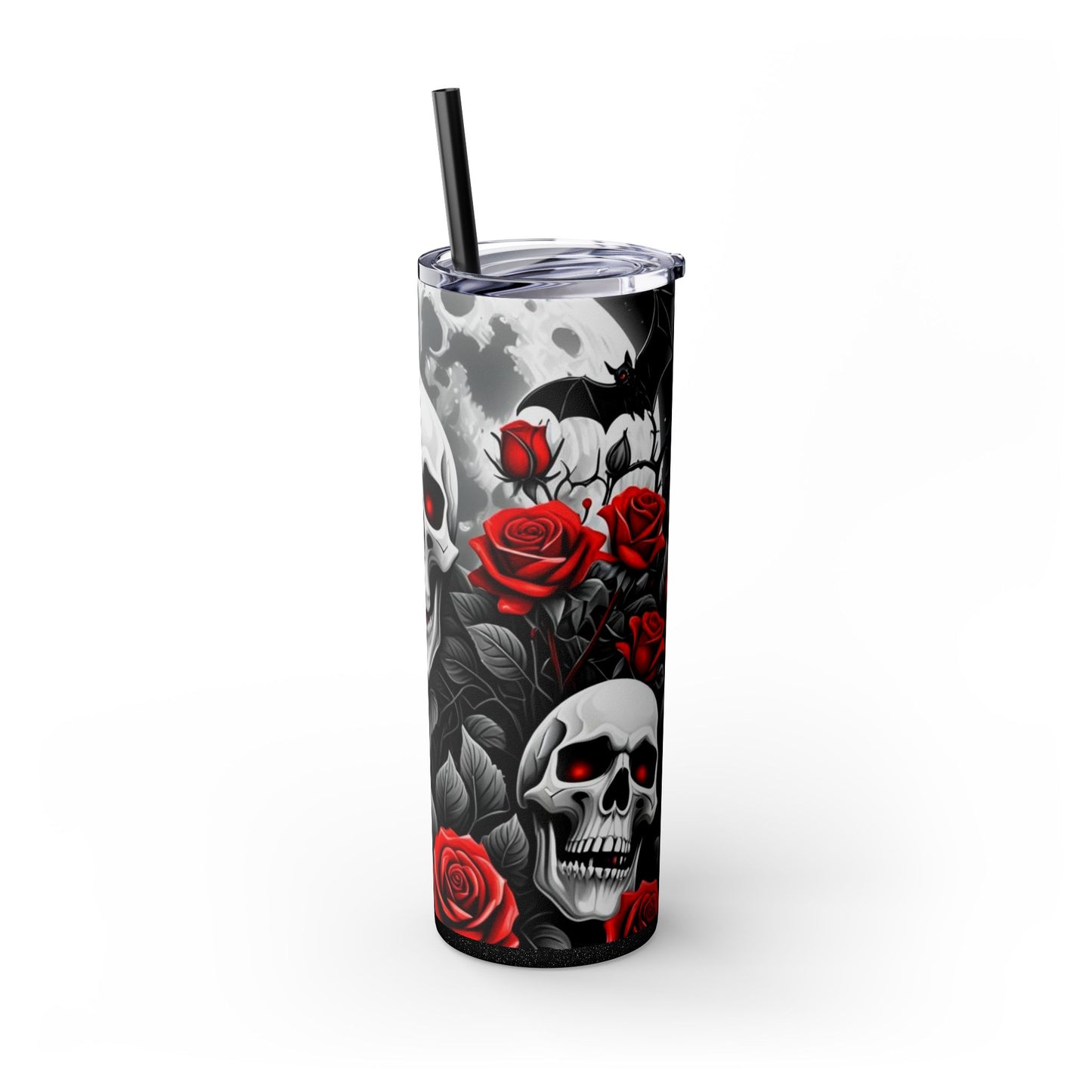 20oz Skinny Tumbler with Straw - Halloween Skulls and Red Roses Design