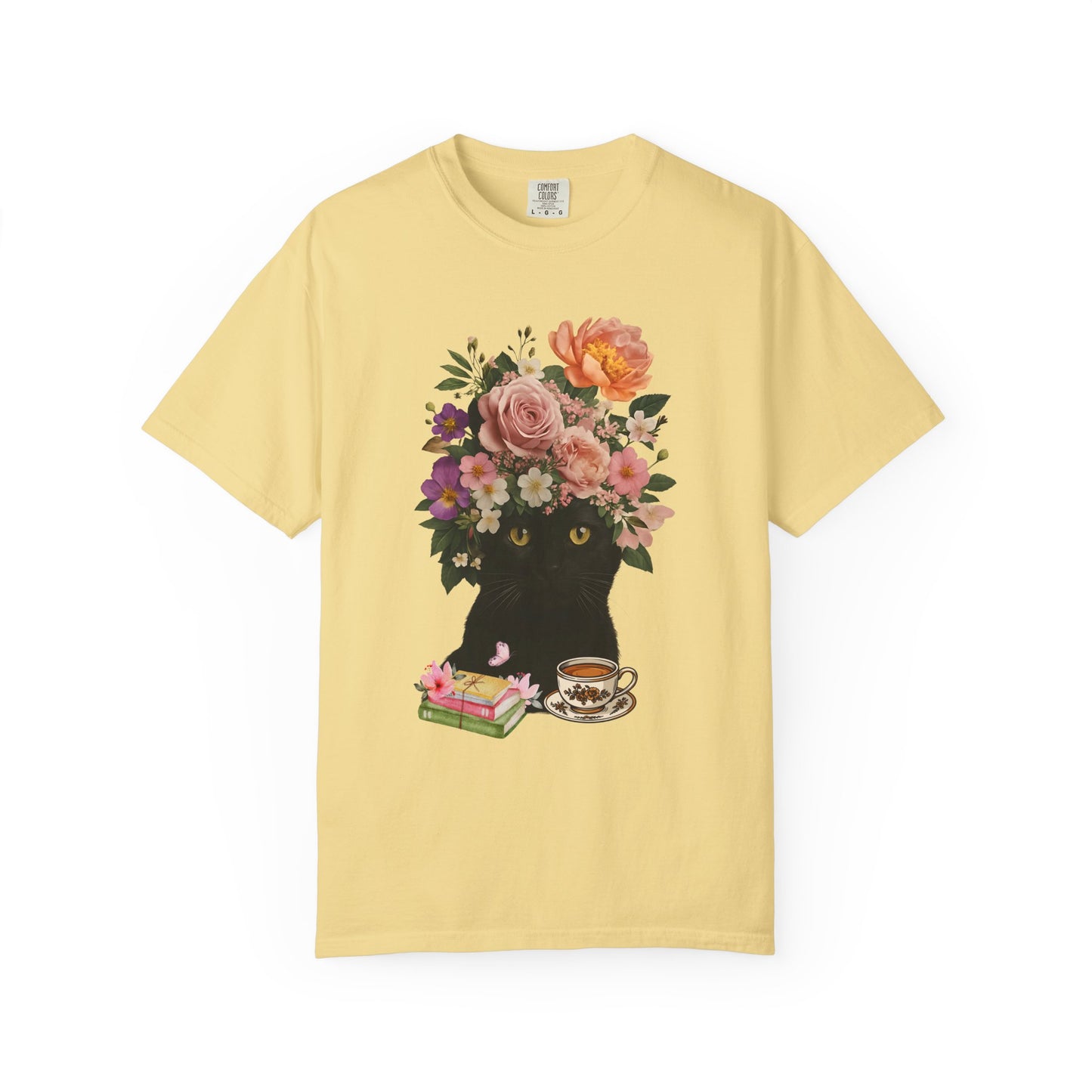 Black Cat Flowers Coffee Books Unisex T-shirt, Graphic Tee, Cat Lover Gift, Bookworm Shirt, Coffee Lovers Top