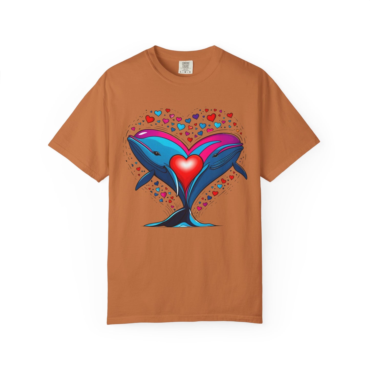 Whale and Heart Unisex Garment-Dyed T-shirt, Ocean Vibes Tee, Sea Lover Shirt, Nautical Graphic Top, Beachwear Apparel, Summer Fashion