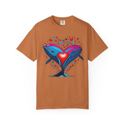 Whale and Heart Unisex Garment-Dyed T-shirt, Ocean Vibes Tee, Sea Lover Shirt, Nautical Graphic Top, Beachwear Apparel, Summer Fashion