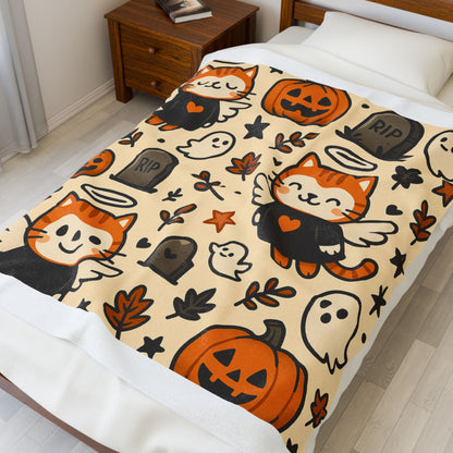 Velveteen Plush  Blanket Angel Cat Ghosts Pattern Autumn Theme