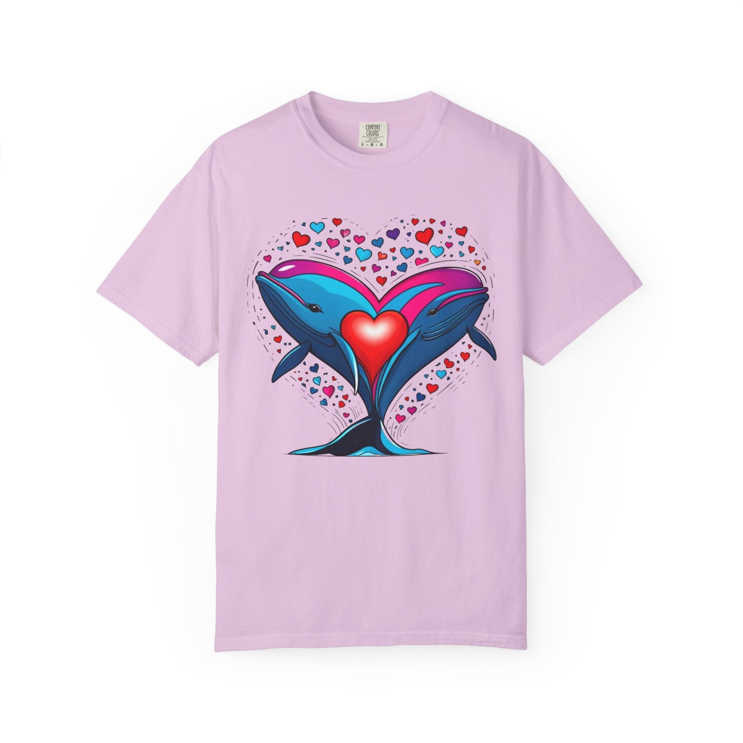 Whale and Heart Unisex Garment-Dyed T-shirt, Ocean Vibes Tee, Sea Lover Shirt, Nautical Graphic Top, Beachwear Apparel, Summer Fashion