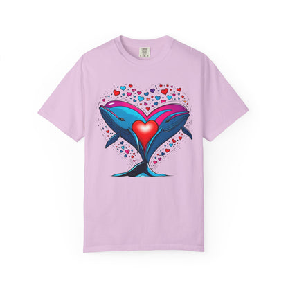 Whale and Heart Unisex Garment-Dyed T-shirt, Ocean Vibes Tee, Sea Lover Shirt, Nautical Graphic Top, Beachwear Apparel, Summer Fashion