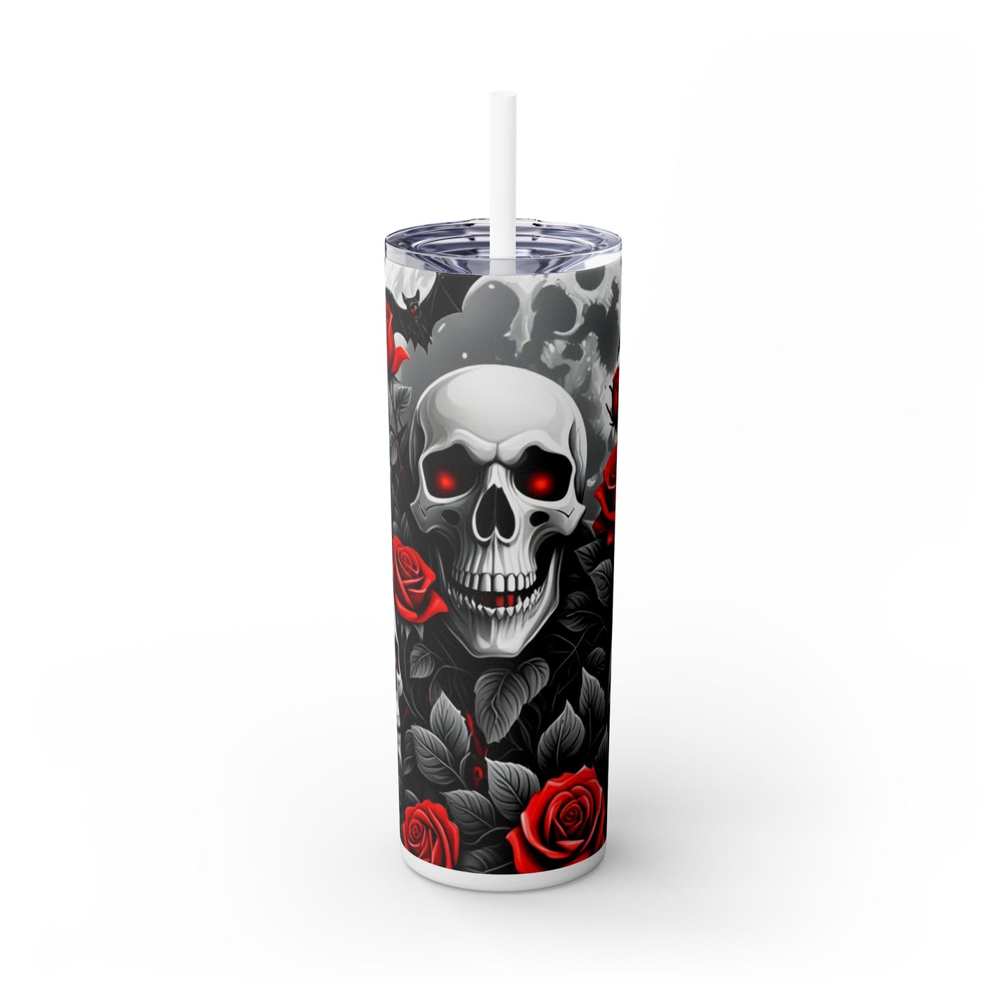 20oz Skinny Tumbler with Straw - Halloween Skulls and Red Roses Design