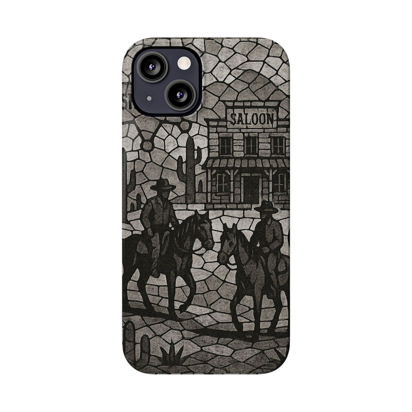 Slim Phone Cases Vintage Wild West Mosaic Art | Black & White Cowboy Scene | Sheriff, Horses & Saloon