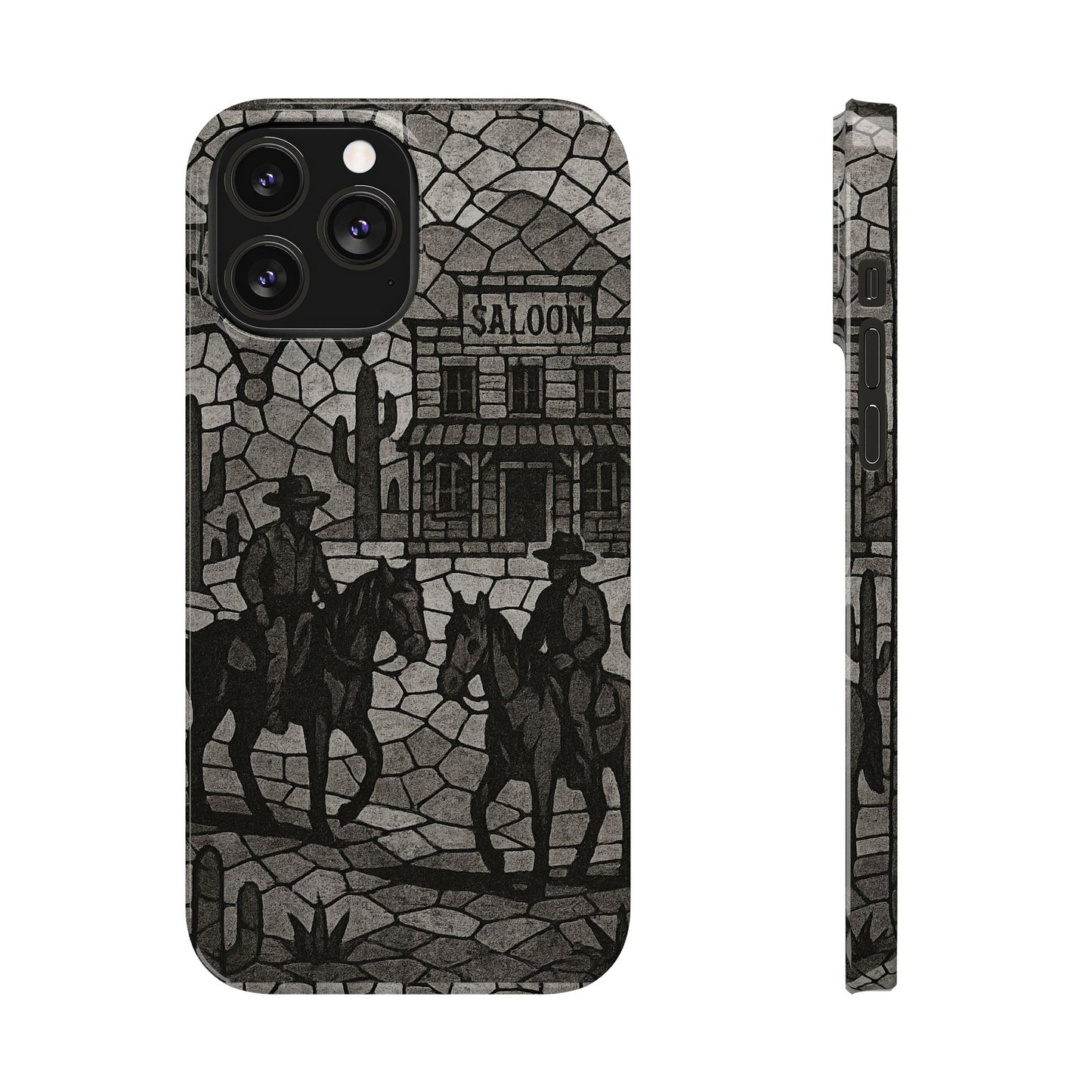 Slim Phone Cases Vintage Wild West Mosaic Art | Black & White Cowboy Scene | Sheriff, Horses & Saloon