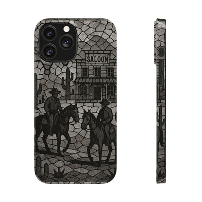 Slim Phone Cases Vintage Wild West Mosaic Art | Black & White Cowboy Scene | Sheriff, Horses & Saloon