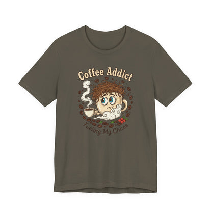 Coffee Addict Unisex Tee, Funny Caffeine Lover Shirt, Graphic T-Shirt, Chaos & Coffee Short Sleeve Top, Gift for Barista, Coffee Obsessed