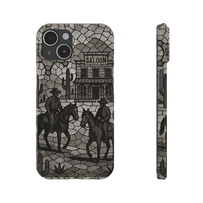 Slim Phone Cases Vintage Wild West Mosaic Art | Black & White Cowboy Scene | Sheriff, Horses & Saloon