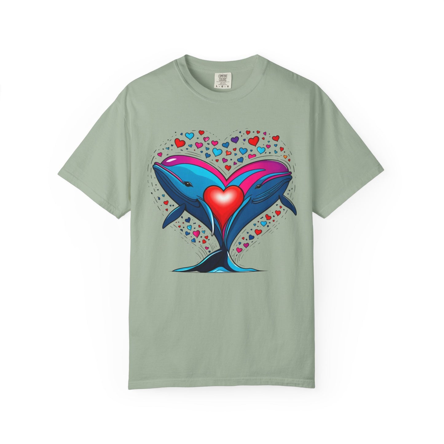 Whale and Heart Unisex Garment-Dyed T-shirt, Ocean Vibes Tee, Sea Lover Shirt, Nautical Graphic Top, Beachwear Apparel, Summer Fashion