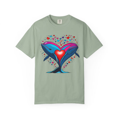 Whale and Heart Unisex Garment-Dyed T-shirt, Ocean Vibes Tee, Sea Lover Shirt, Nautical Graphic Top, Beachwear Apparel, Summer Fashion