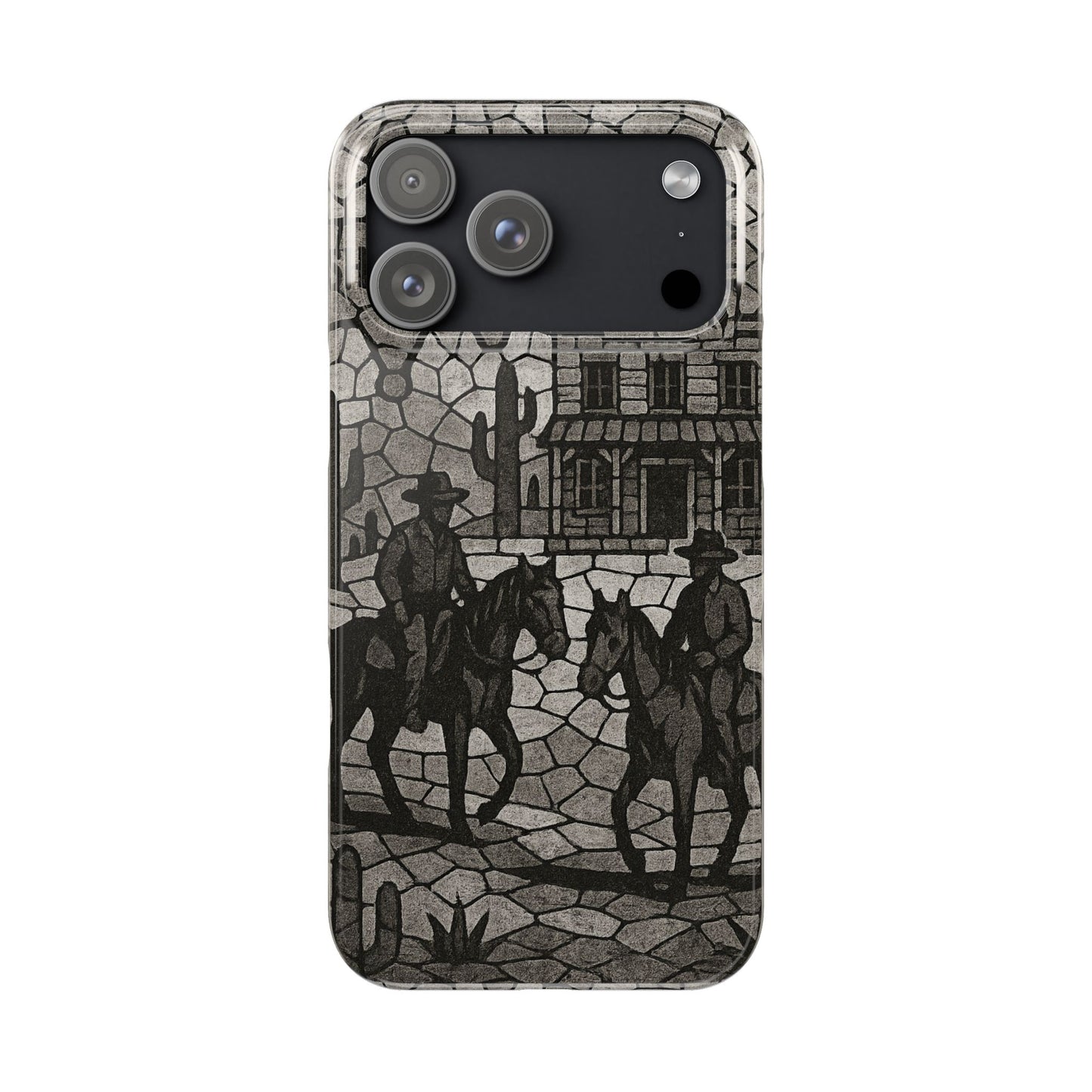 Slim Phone Cases Vintage Wild West Mosaic Art | Black & White Cowboy Scene | Sheriff, Horses & Saloon