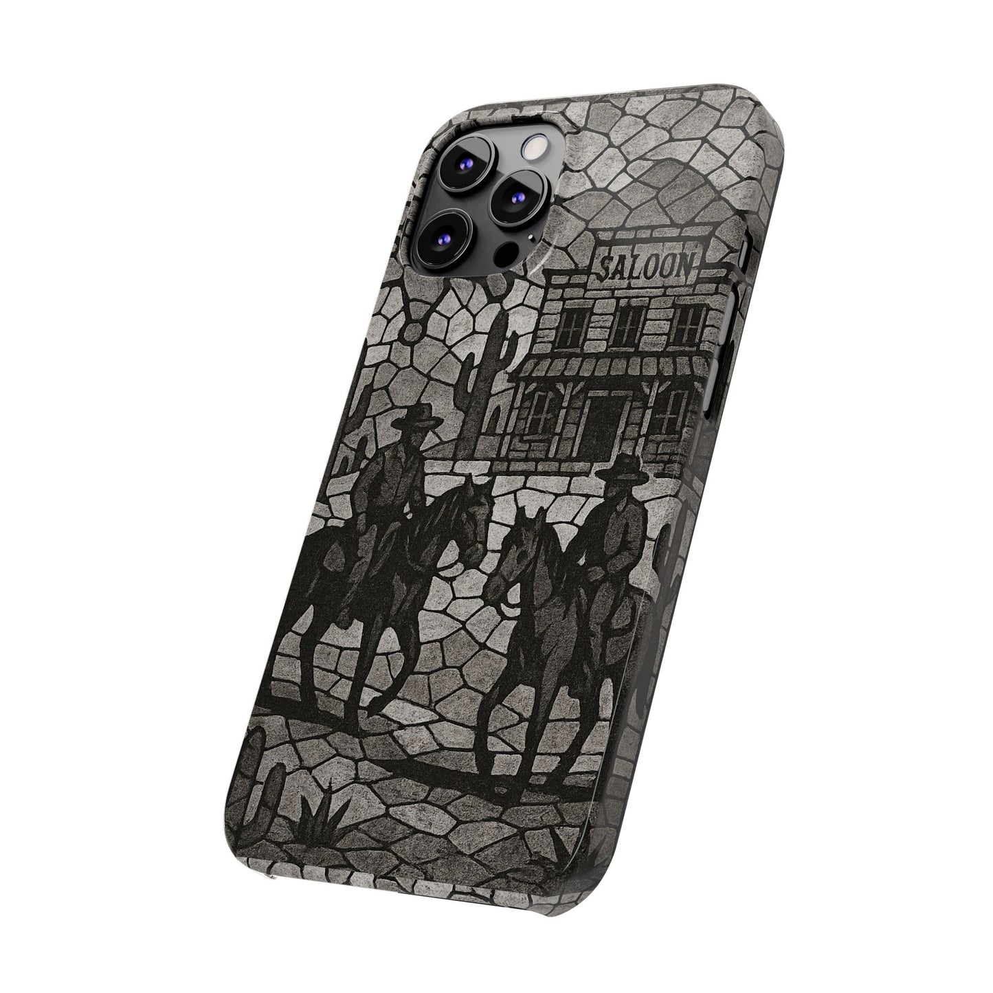 Slim Phone Cases Vintage Wild West Mosaic Art | Black & White Cowboy Scene | Sheriff, Horses & Saloon