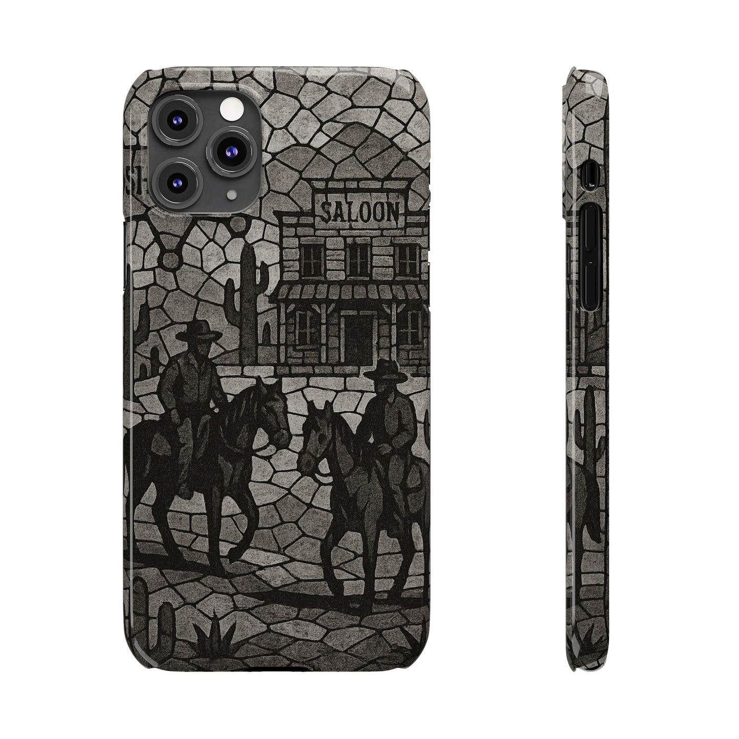 Slim Phone Cases Vintage Wild West Mosaic Art | Black & White Cowboy Scene | Sheriff, Horses & Saloon