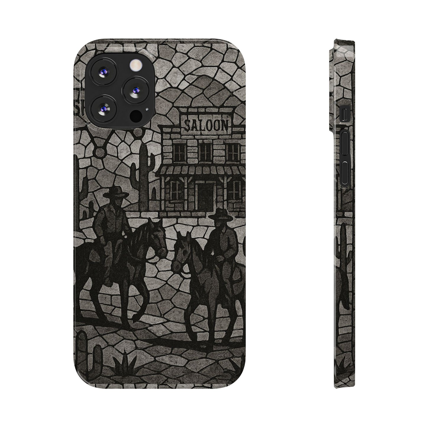 Slim Phone Cases Vintage Wild West Mosaic Art | Black & White Cowboy Scene | Sheriff, Horses & Saloon