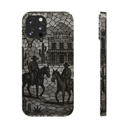 Slim Phone Cases Vintage Wild West Mosaic Art | Black & White Cowboy Scene | Sheriff, Horses & Saloon