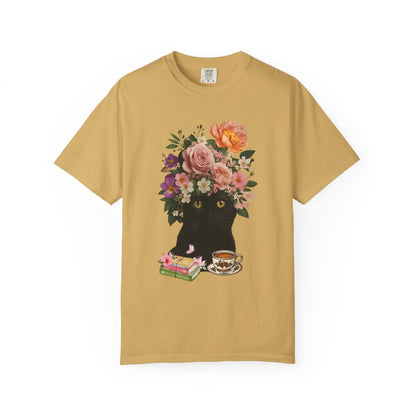 Black Cat Flowers Coffee Books Unisex T-shirt, Graphic Tee, Cat Lover Gift, Bookworm Shirt, Coffee Lovers Top