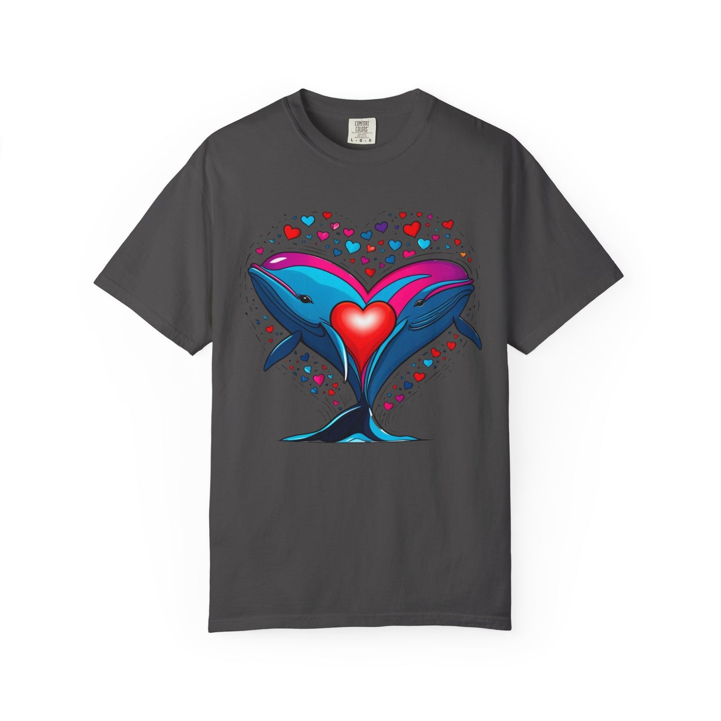 Whale and Heart Unisex Garment-Dyed T-shirt, Ocean Vibes Tee, Sea Lover Shirt, Nautical Graphic Top, Beachwear Apparel, Summer Fashion