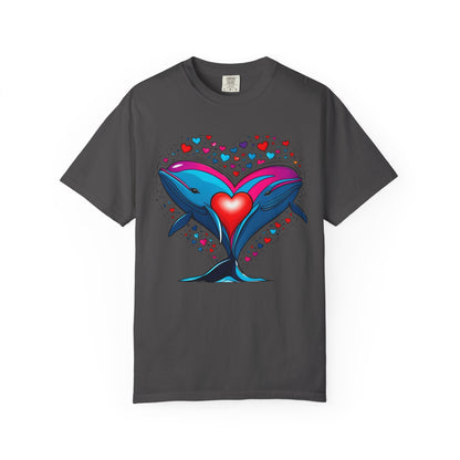 Whale and Heart Unisex Garment-Dyed T-shirt, Ocean Vibes Tee, Sea Lover Shirt, Nautical Graphic Top, Beachwear Apparel, Summer Fashion
