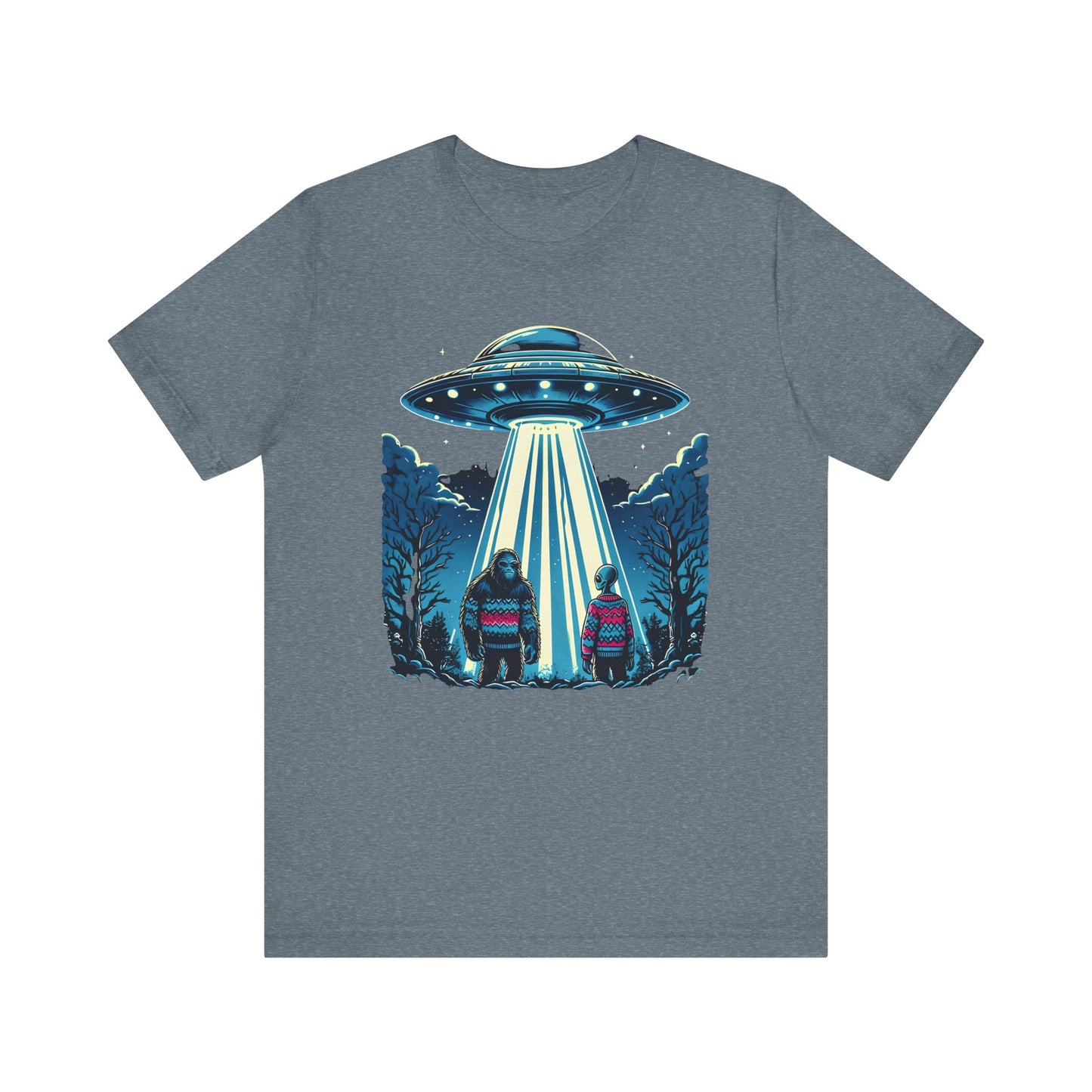 Alien Spaceship and Bigfoot Ugly Christmas Sweater Tee