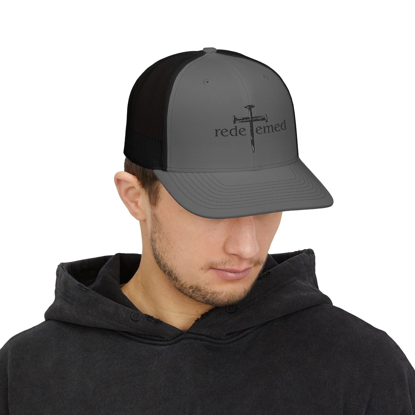 Snapback Cap with Embroidered Redeemed and Cross Design