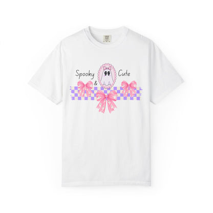 Ghostly Pink Unisex T-shirt, Spooky and Cute Halloween Shirt, Coquet Ghost Design Tee, Garment-Dyed Shirt
