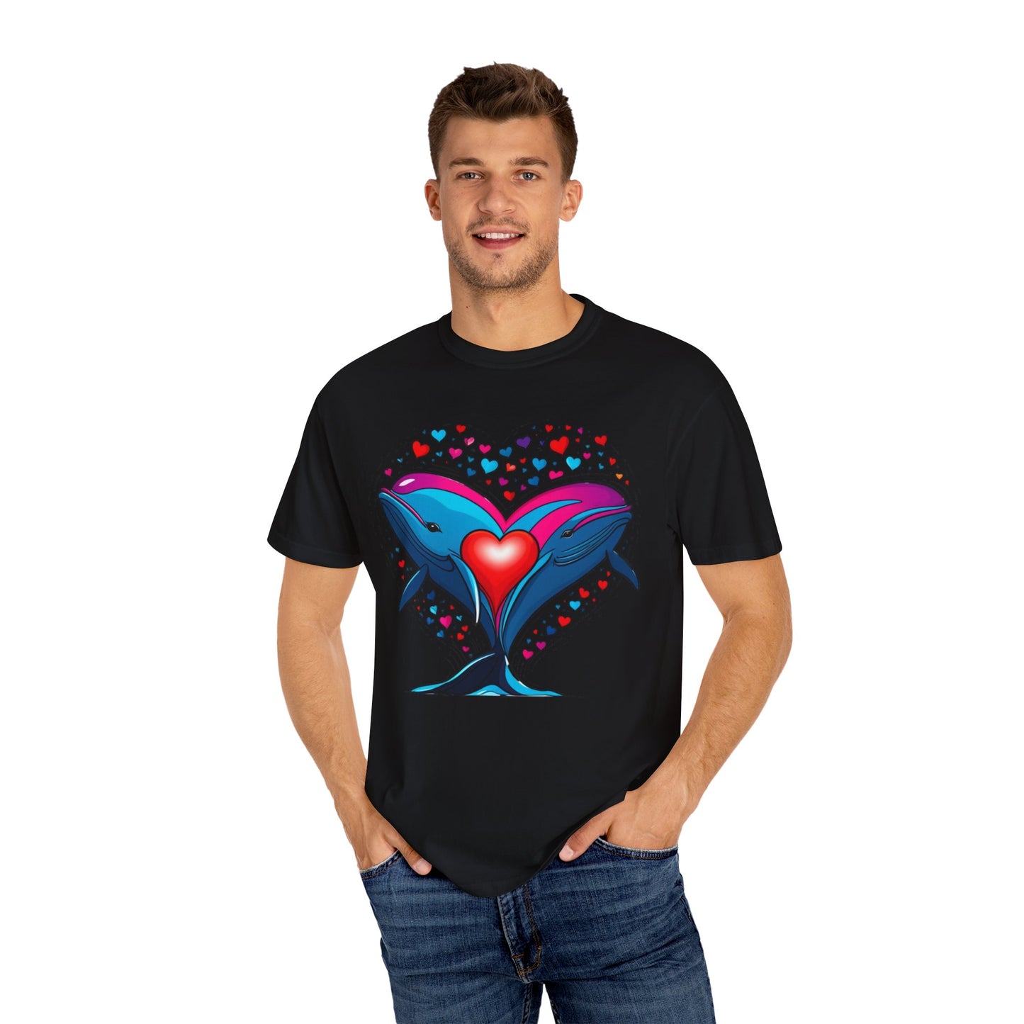 Whale and Heart Unisex Garment-Dyed T-shirt, Ocean Vibes Tee, Sea Lover Shirt, Nautical Graphic Top, Beachwear Apparel, Summer Fashion