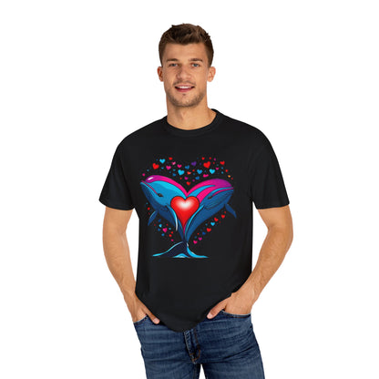 Whale and Heart Unisex Garment-Dyed T-shirt, Ocean Vibes Tee, Sea Lover Shirt, Nautical Graphic Top, Beachwear Apparel, Summer Fashion