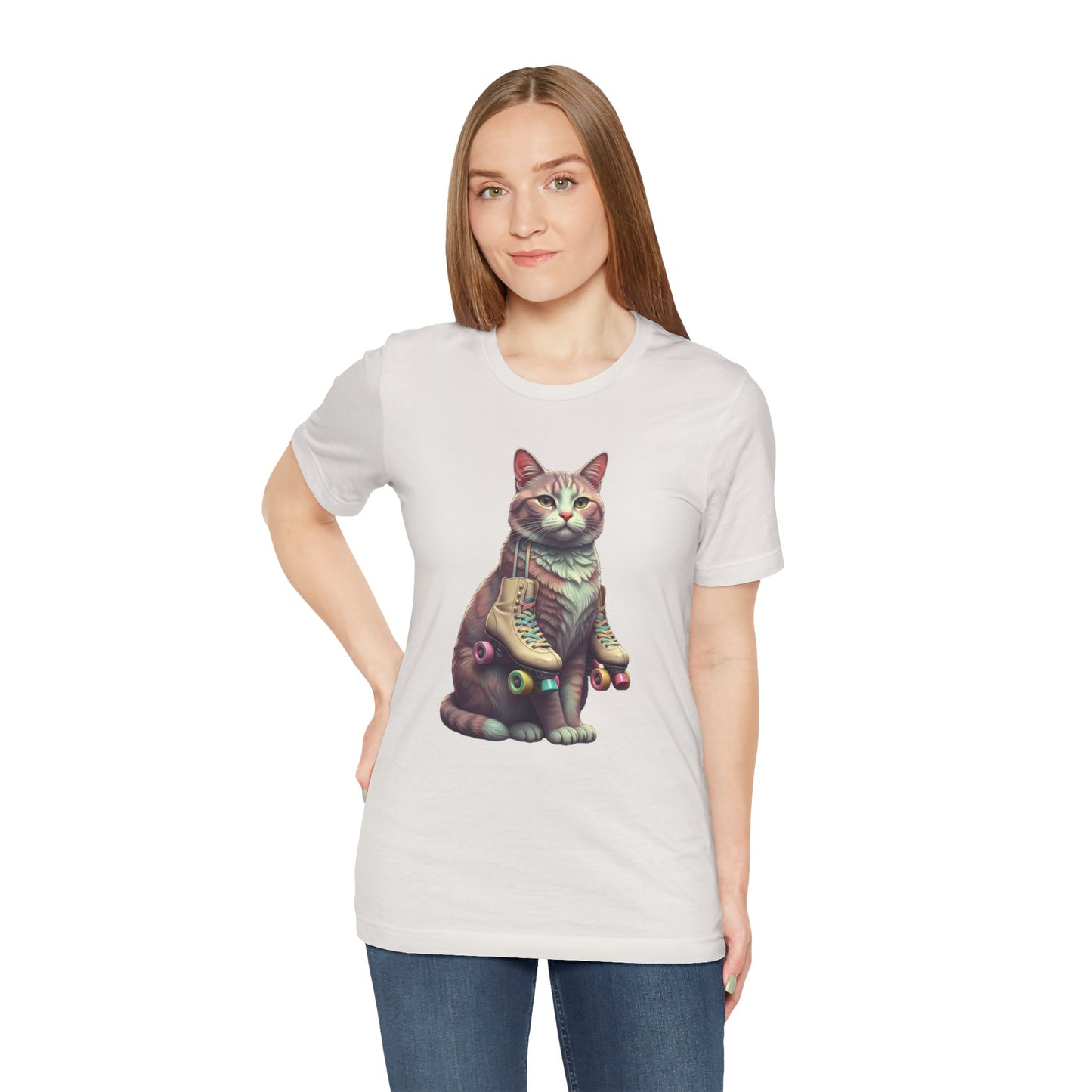 Cat with Roller Unisex Tee, Short Sleeve Shirt, Roller Coaster Cat Graphic Top, Cute Animal T-Shirt, Funny 80s Theme Shirt