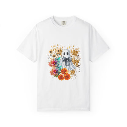 Ghost And Flowers Unisex T-shirt, Halloween Shirt, Floral Graphic Tee, Haunted Theme Apparel, Spooky Clothing