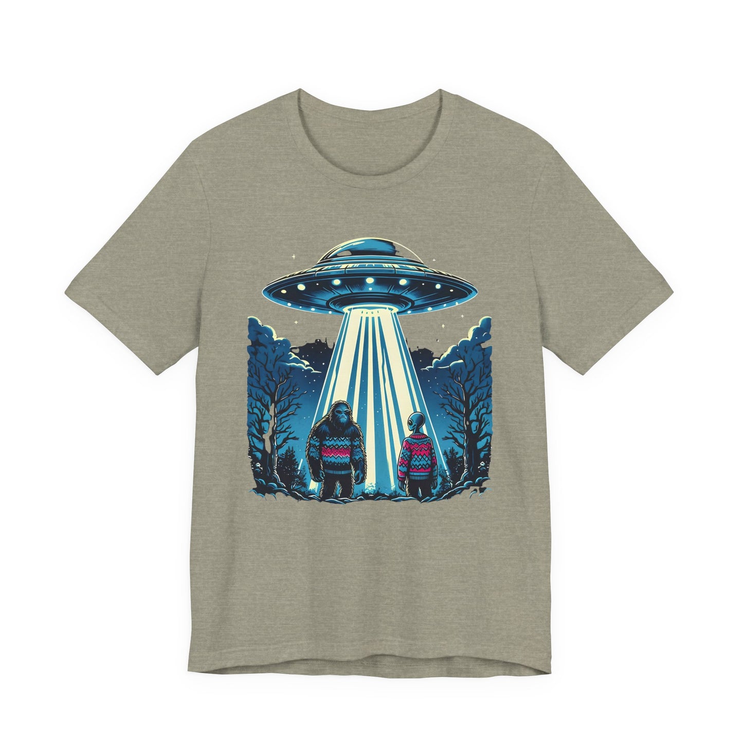 T-Shirt Alien and Bigfoot,  Ugly Christmas Sweater Tee, Funny UFO Holiday Shirt
