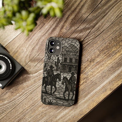 Slim Phone Cases Vintage Wild West Mosaic Art | Black & White Cowboy Scene | Sheriff, Horses & Saloon