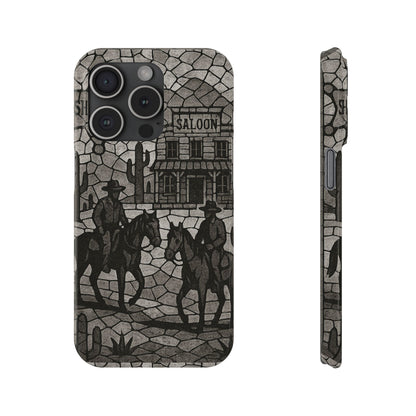 Slim Phone Cases Vintage Wild West Mosaic Art | Black & White Cowboy Scene | Sheriff, Horses & Saloon