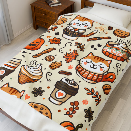 Plush Blanket Cat Coffee Cupcake Pattern Autumn Theme
