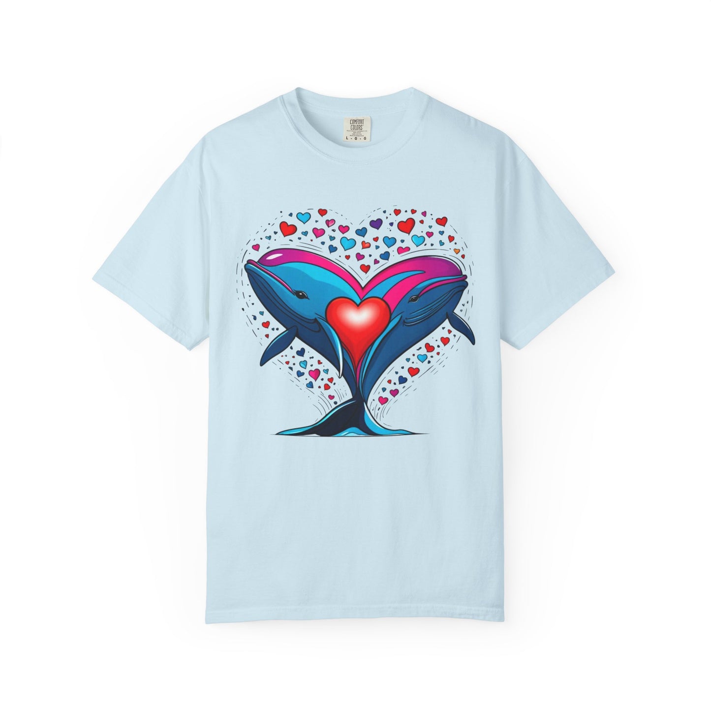 Whale and Heart Unisex Garment-Dyed T-shirt, Ocean Vibes Tee, Sea Lover Shirt, Nautical Graphic Top, Beachwear Apparel, Summer Fashion