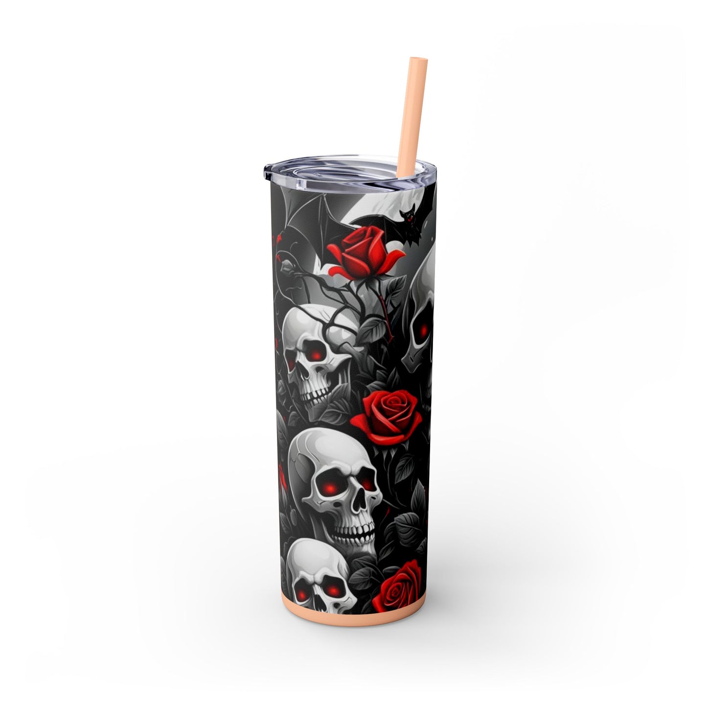 20oz Skinny Tumbler with Straw - Halloween Skulls and Red Roses Design