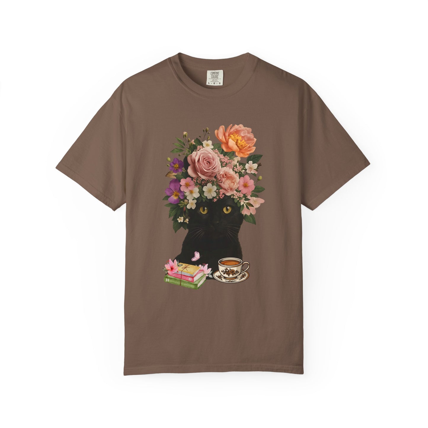 Black Cat Flowers Coffee Books Unisex T-shirt, Graphic Tee, Cat Lover Gift, Bookworm Shirt, Coffee Lovers Top