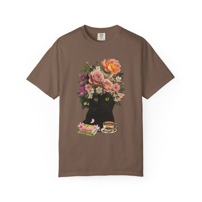 Black Cat Flowers Coffee Books Unisex T-shirt, Graphic Tee, Cat Lover Gift, Bookworm Shirt, Coffee Lovers Top