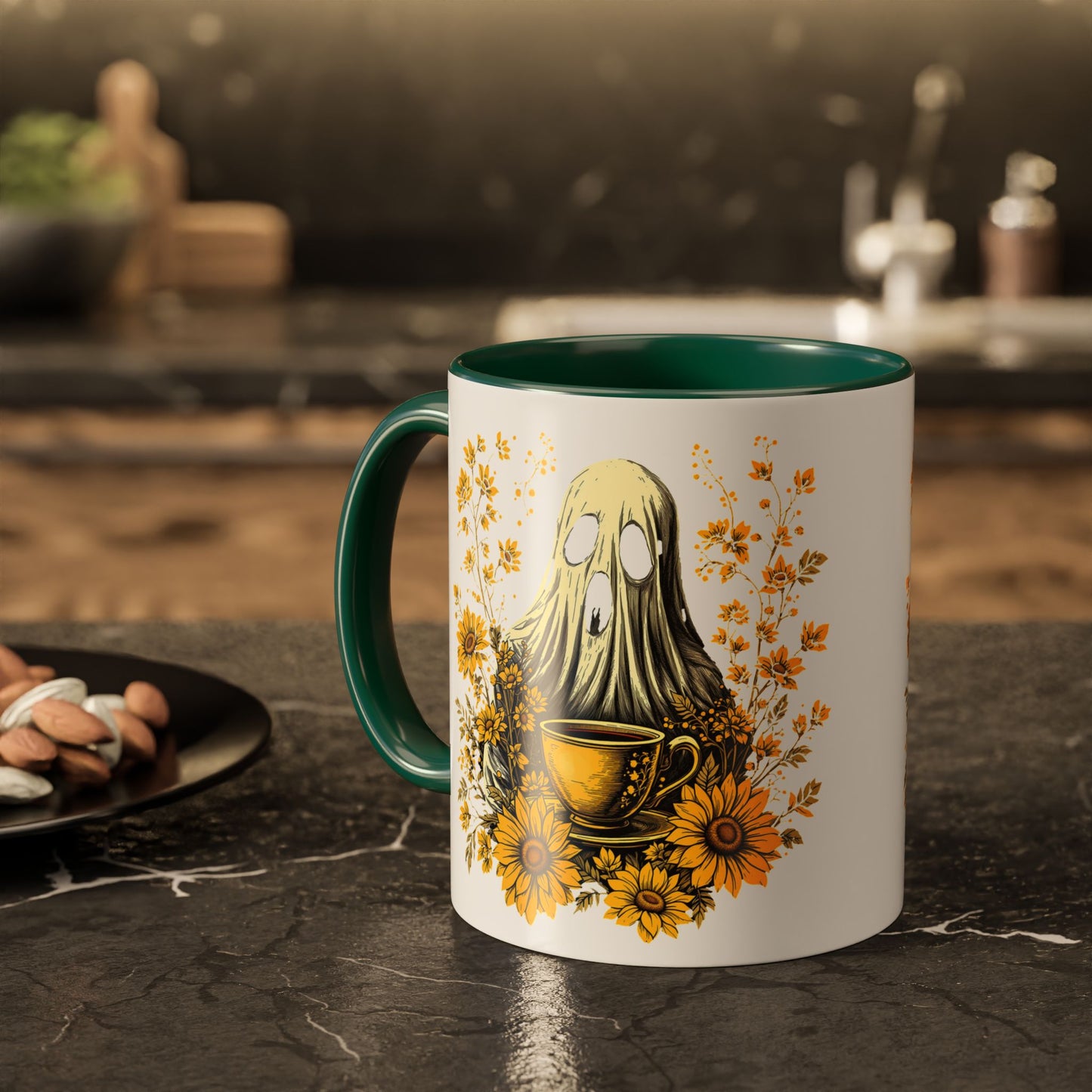Colorful mug  with Ghost and Sunflowers Design - 11oz and 15oz