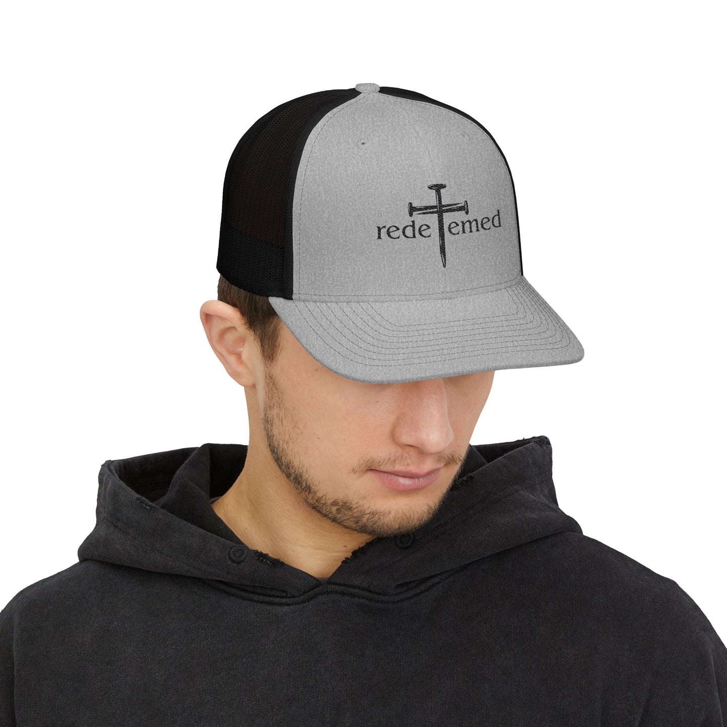 Snapback Cap with Embroidered Redeemed and Cross Design