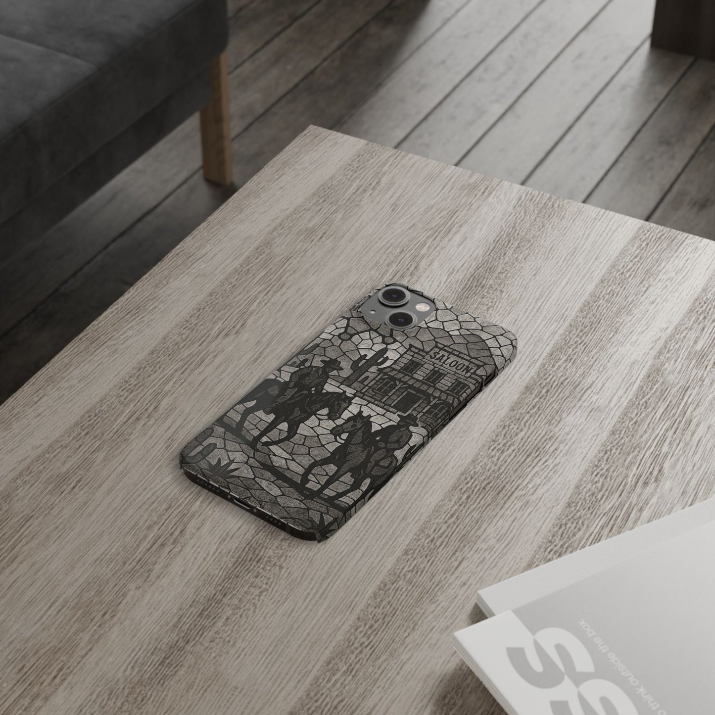 Slim Phone Cases Vintage Wild West Mosaic Art | Black & White Cowboy Scene | Sheriff, Horses & Saloon