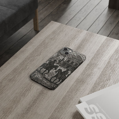 Slim Phone Cases Vintage Wild West Mosaic Art | Black & White Cowboy Scene | Sheriff, Horses & Saloon