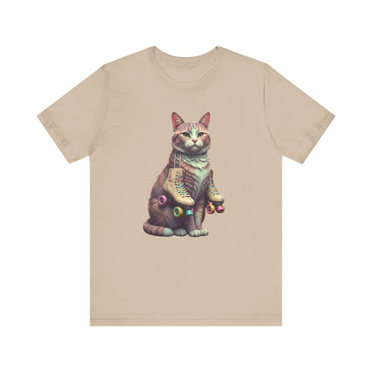 Cat with Roller Unisex Tee, Short Sleeve Shirt, Roller Coaster Cat Graphic Top, Cute Animal T-Shirt, Funny 80s Theme Shirt