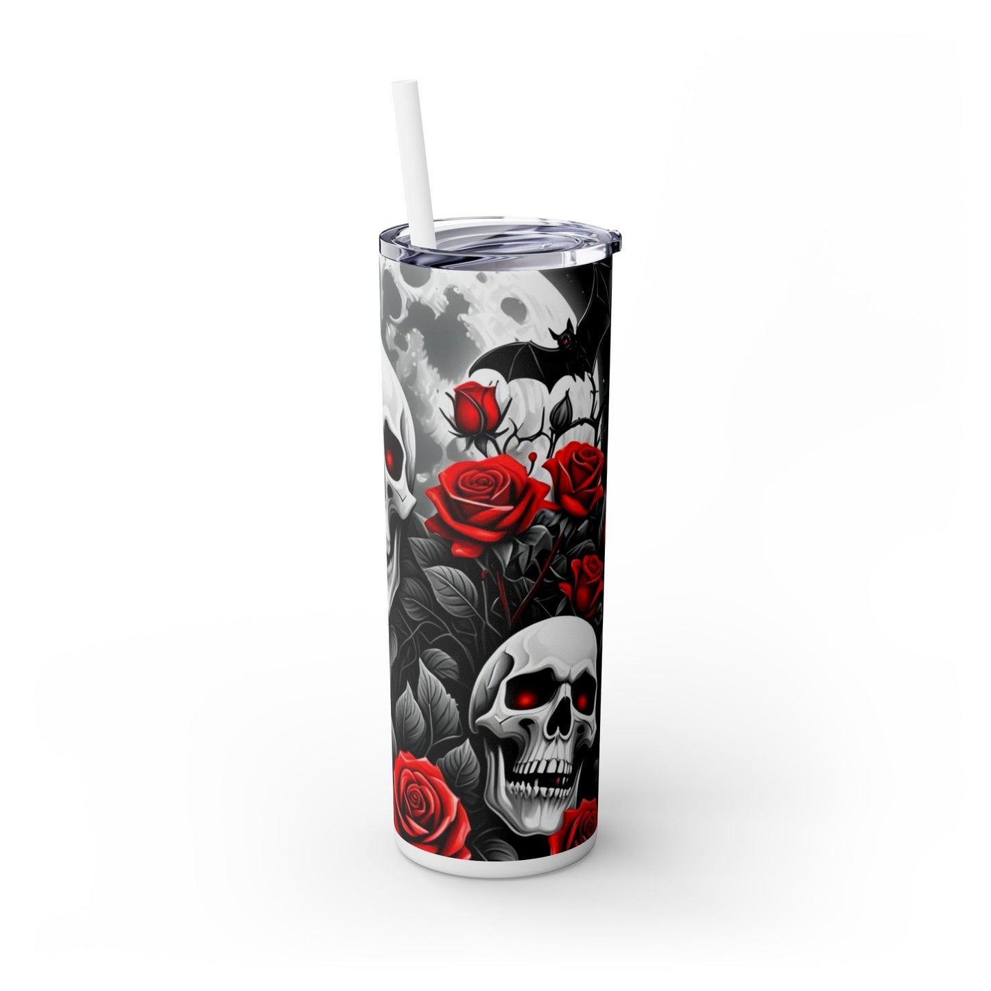 20oz Skinny Tumbler with Straw - Halloween Skulls and Red Roses Design