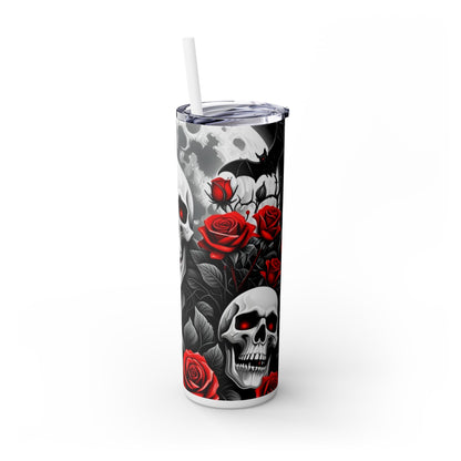 20oz Skinny Tumbler with Straw - Halloween Skulls and Red Roses Design