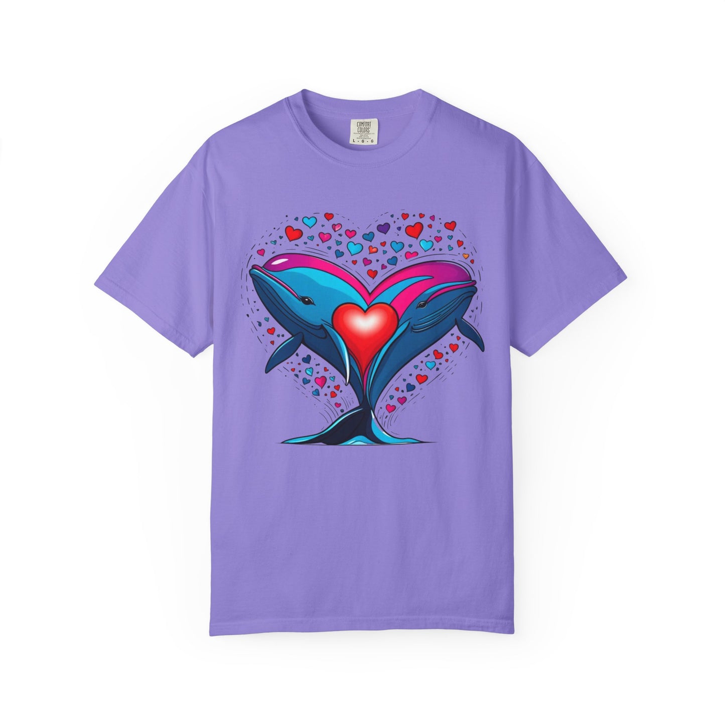 Whale and Heart Unisex Garment-Dyed T-shirt, Ocean Vibes Tee, Sea Lover Shirt, Nautical Graphic Top, Beachwear Apparel, Summer Fashion