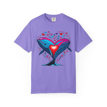 Whale and Heart Unisex Garment-Dyed T-shirt, Ocean Vibes Tee, Sea Lover Shirt, Nautical Graphic Top, Beachwear Apparel, Summer Fashion