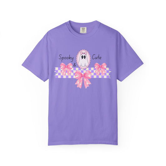 Ghostly Pink Unisex T-shirt, Spooky and Cute Halloween Shirt, Coquet Ghost Design Tee, Garment-Dyed Shirt