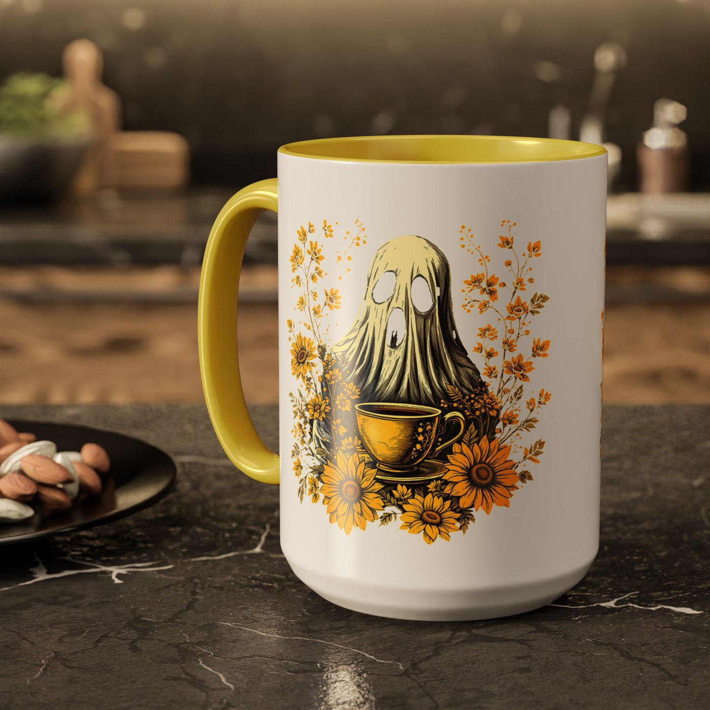 Colorful mug  with Ghost and Sunflowers Design - 11oz and 15oz